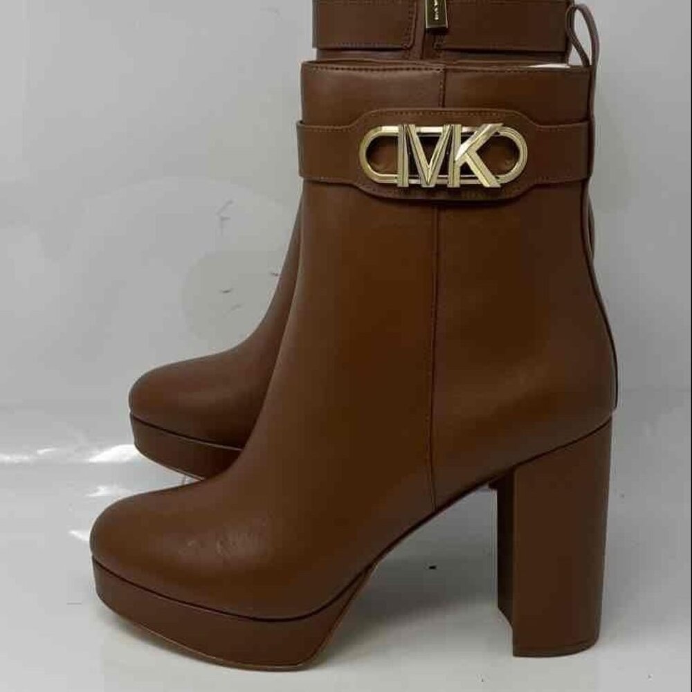 NEW-Michael Kors Parker Brown LEATHER Side Zip Platform Ankle Boots Size 9.5M
